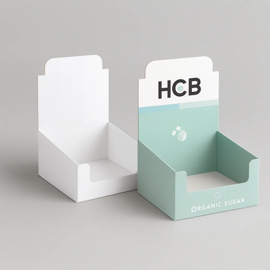 Organic sugar display packaging in pale green and white- showcasing the brand logo and motifs- class=